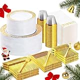 Bestluck 700PCS Gold Plastic Dinnerware Set for 100 Guests, Disposable Plates for Party, Include 100 Gold Dinner Plates, 100 Dessert Plates, 100 Set Silverware, 100 Cups, 100 Napkins