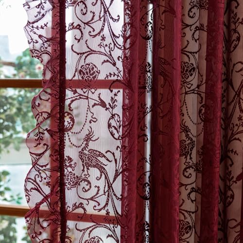 TUDECO Burgundy Sheer Curtains 84 Inches Long for Living Room - Luxury Modern Maroon Red Sheer Curtains for Bedroom Aesthetic Tulle Rod Pocket Light Filtering Farmhouse Red Drapes 59 x 84 Inch