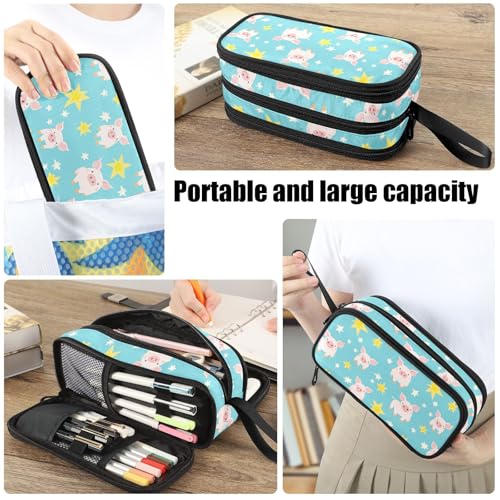 Image of Fustylead Cute Piglets and Stars Pencil Pen Case Stationery Bag 3 Compartments School College Office Organizer Cosmetics Bag