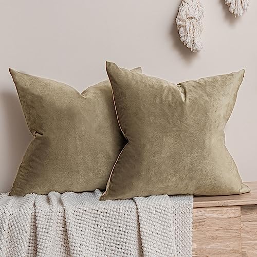 Image of JUSPURBET Velvet Decorative Throw Pillow Covers 14x14 Set of 2,Stone | Decorative Throw Cushion Cases with Hidden Zipper for Couch Sofa Bed Bedroom Living Room Home Decor