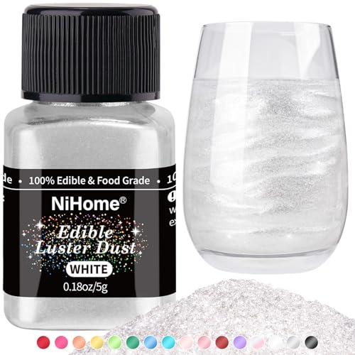 NiHome Edible Luster Dust Glitter Powder Metallic Fancy Food Decorating Sprinkle Glimmery Brew Dust for Drink Wine Beverage Cake Dessert Home Bakery Restaurant Vegan Allergen-Free (5g/0.18oz White)