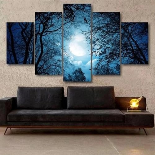 Impression sur Toile Forêt Lune : Tableau Déco Murale Salon 5 Parties