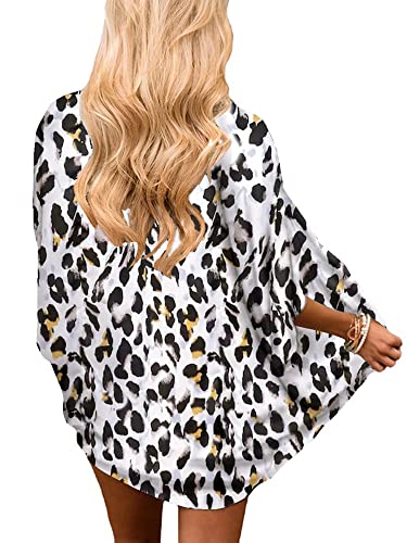 Image of Chunoy Women Leopard Printed Lightweight Kimono Cardigan Half Sleeve Shawl Chiffon Beach Wear Cover Up Snow White Large