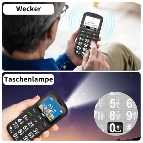 CHAKEYAKE Seniorenhandy mit Großen Tasten | Mobiltelefon Ohne Vertrag mit 1.7 Zoll LCD | SOS-Funktion | Dual SIM Tastenhandy mit Taschenlampe | Ladestation | Schwarz-G180