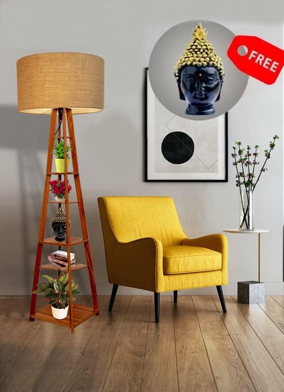 CASE PLUS Wood Furniture Premium Lamps For Home Decoration With 6 Shelves [ Get Free Meditating Buddha Statue] Living Room, Bedroom Multiutility Floor Lamps Color: Brown Floor Lamp Color
