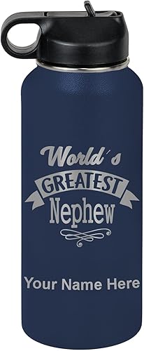 Miniatura 65 de LaserGram Botella de agua con tapa abatible de doble pared de 20 onzas con popote, sobrino más grande del mundo, grabado personalizado incluido