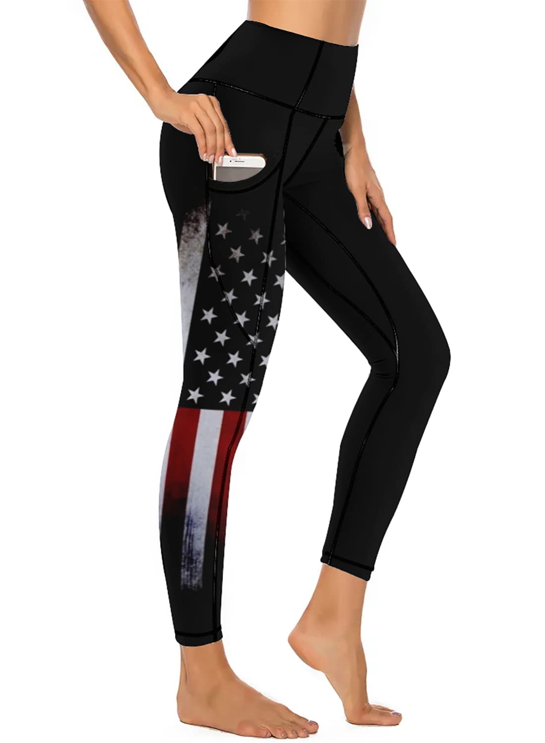 QIVICIMA Women High Waist Workout Leggings American Flag Gym Athletic Tummy Control Yoga Pants with Pockets A13 US Flag M