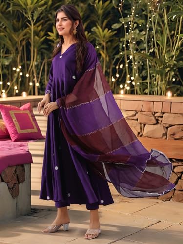 Image of ANNI Designer Women's Rayon Viscose Anarkali Embroidered Kurta with Pant & Dupatta