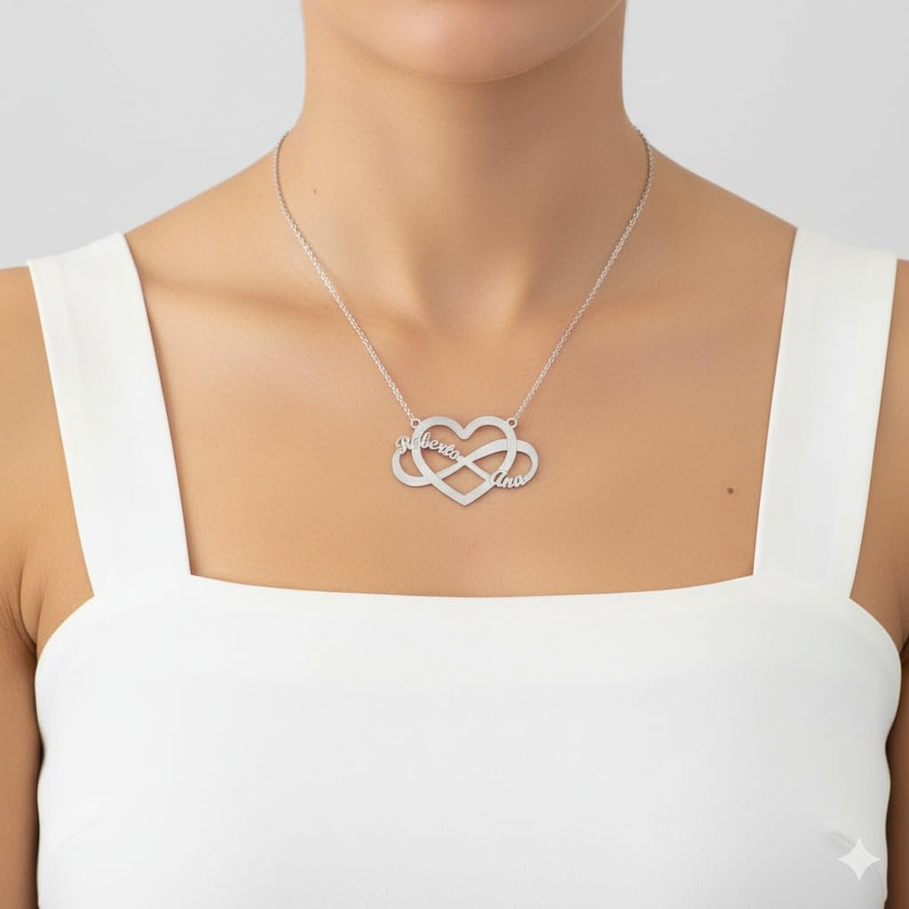 Collar Infinito Personalizado con Nombres - Colgante Corazón Plata de Ley Mujer - Regalo Ideal Novia Amiga Pareja Madre