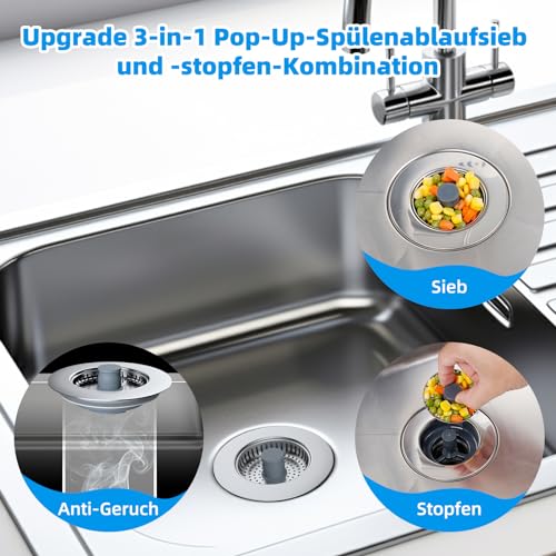 Hibbent Küchenspüle Stopfen,Küche Spüle Sieb und Stopfen Combo, Edelstahl-Shell und Edelstahl-Sieb,Anti-Clogging,Küche Spüle Sieb Stecker,und verhindern Gerüche-Spülen Tiefe > 22mm