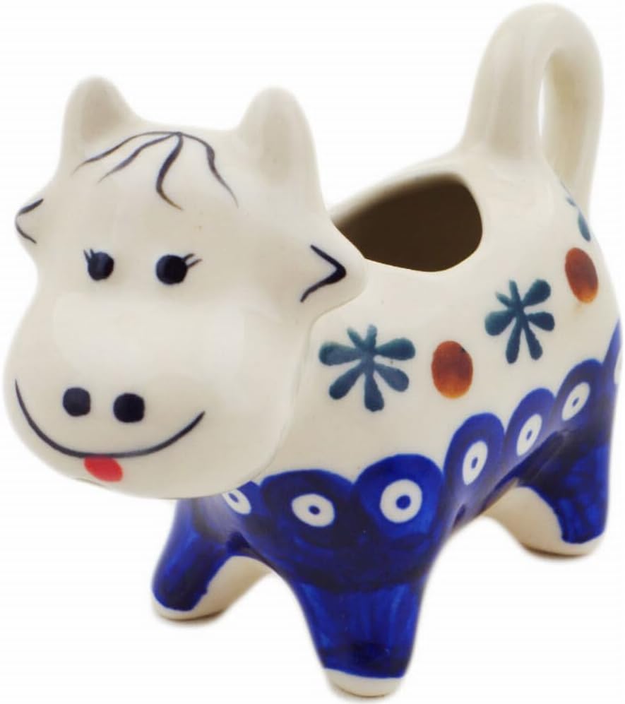Polmedia Polish Pottery Cow Shaped Creamer - Mosquito Pattern Handmade in Boleslawiec Poland by Ceramika Bona + Certificate of Authenticity