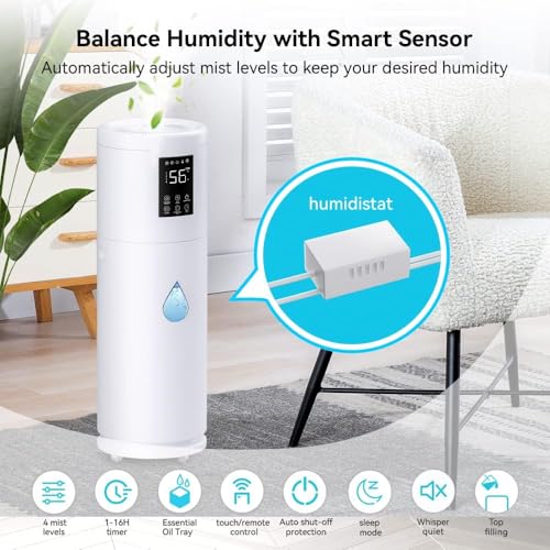 Humidifiers for Large Room Home Bedroom 2000 sq.ft. 17L/4.5Gal Large Humidifier with Extension Tube & 4 Speed Mist,Top Fill Wholehouse Humidifier with 360°Nozzle for Plant Office Commercial Greenhouse by Honovos - Image 3