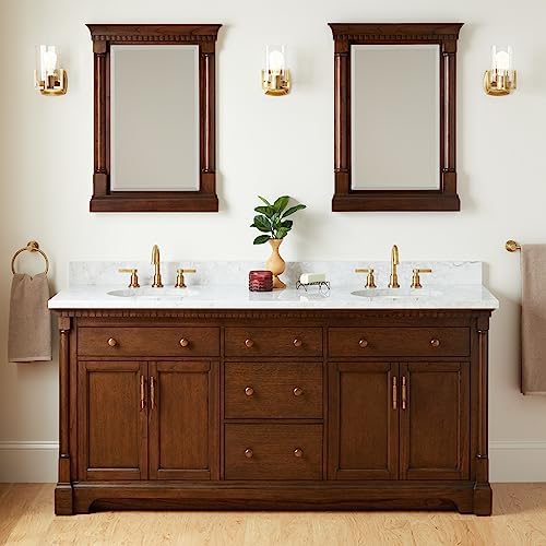 Signature Hardware 484370 Claudia 72" Double Basin Vanity Set with Mahogany Cabinet, Marble Vanity Top and Oval Undermount Sink - 8" Faucet Holes