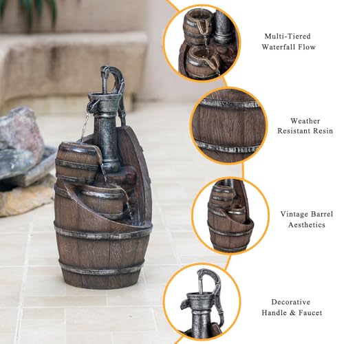 Image of Vintage Pump Barrel Outdoor Water Fountain, Resin & LED, 21.7 in