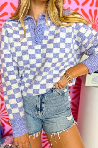 Plus Size Women's Purple Checkered Collared Buttons Pullover Sweater2