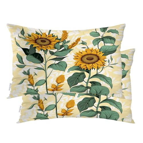Baonews Sunflowers Leaves Pillowcases, Beautiful Floral Design Bed Pillow Cover Digital Blended Hidden Zipper for Hair Skin Lumbar 20X26 in 2 Pcs