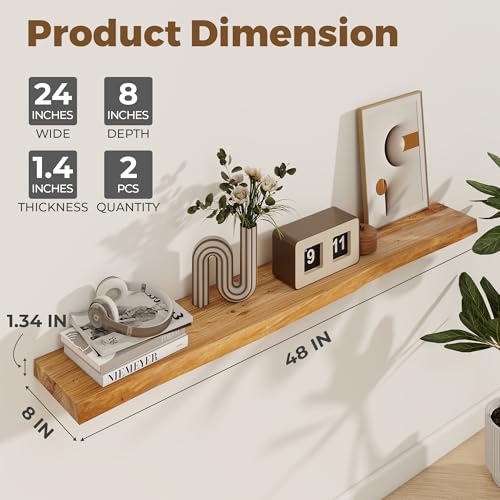 Image of Axeman 48 inch Floating Shelves for Wall Live Edge, Natural | 8 inch Deep Wall Shelf, Invisible Bracket, Large Long Shelves, Living Room, Bedroom, Kitchen, Bathroom
