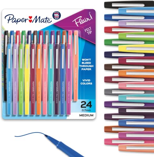 Image of Paper Mate Flair Felt Tip Pens Medium Point | Smear Resistant | Water-Based Ink | Assorted Colors | 24 Count, Pack of 12