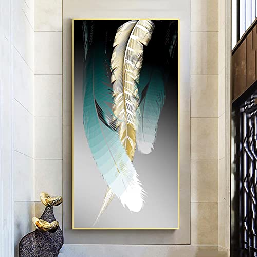 Art mural pour salon et entrée tableau abstrait plume dorée d'intérieur