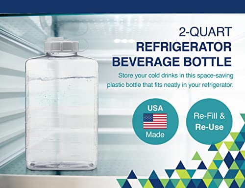 Arrow Home Products 2 Qt Bottle w/Cap for Cold Drinks - Clear View Plastic Refrigerator Bottle w/Easy-Pour Spout & Graduated Markings - Made in USA, BPA Free - Ideal for Water, Iced Tea, Juice