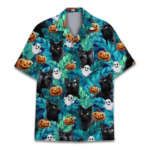 Tropical Halloween Black Cat Hawaiian Shirt for Men Cat Lovers Gifts Mens Hawaiian Shirts Short Sleeve Button Down Shirt