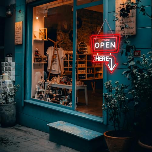 Image of ineonlife We Are Open Here Neon Sign Red Neon Signs for Wall Decor Led Lights for Bar Man Cave Club Store Hotel Restaurant Coffee Shop Business Decor Gifts