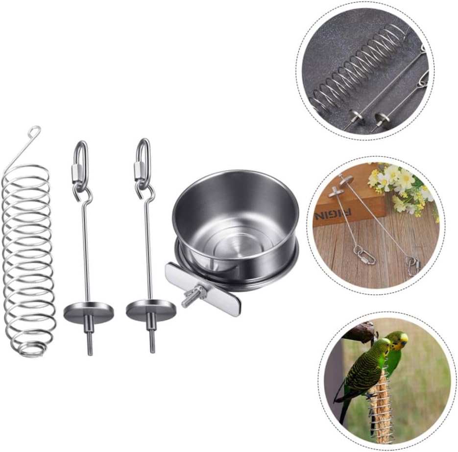 GALPADA Stainless Steel Parrot Feeder Bird Food Holder Mimic Feeding Device with Hanging Hooks 4pcs Set for Cage Foraging and Fruit Feeding Supplies