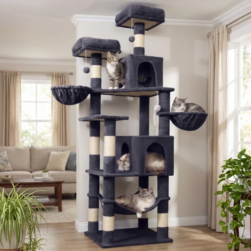 AMHANCIBLE 70 Inch Cat Tree for Large Cats Multi-Level Cat Tower Condo with 2 Houses & Hammock for Indoor Cats Tall Heavy Duty Kitty Playhouse Dark Grey PT18DG