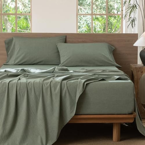 MooMee Bedding Sheet Set 100% Washed Cotton Linen Like Textured Breathable Durable Soft Comfy (Heathered Green, Queen)