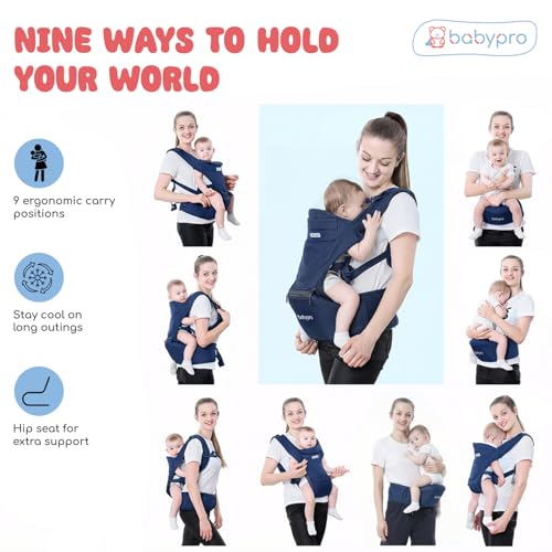 Image of BabyPro Baby Carrier Hip Seat with 9 Carry Positions for 6 to 24 Month Baby | Breathable Fabric, Adjustable Padded Straps, Ergonomic Design for Parent
