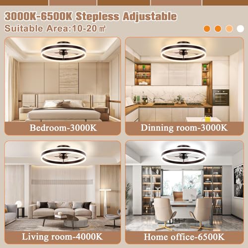 Image of VOLISUN Low Profile Ceiling Fans with Lights and Remote, 19.7in Flush Mount Ceiling Fans with Light, 3000K-6500K Dimmable Fandelier LED Fan Light, Brown Bladeless Ceiling Fans with Lights for Bedroom