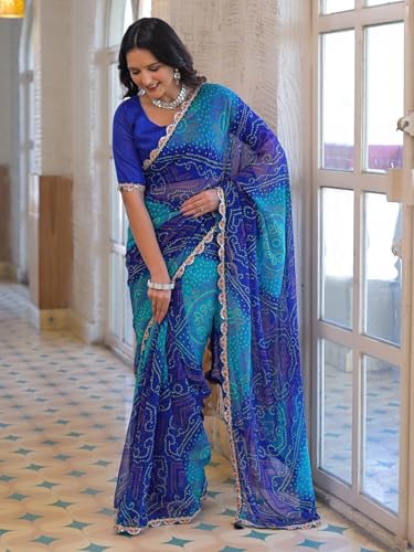 Image of SIRIL Women's Bandhani Printed Embroidery Georgette Saree with Unstitched Blouse Piece