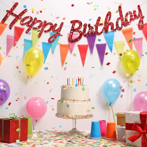Image of Rozi Decoration Red Glitter Cursive Happy Birthday Banner -Sparkle Letter Garland for Birthday Decoration, Reusable Paper Cardstock Hanging Banner for Kids, Adults, Boys & Girls, (Pack of 1 Set)
