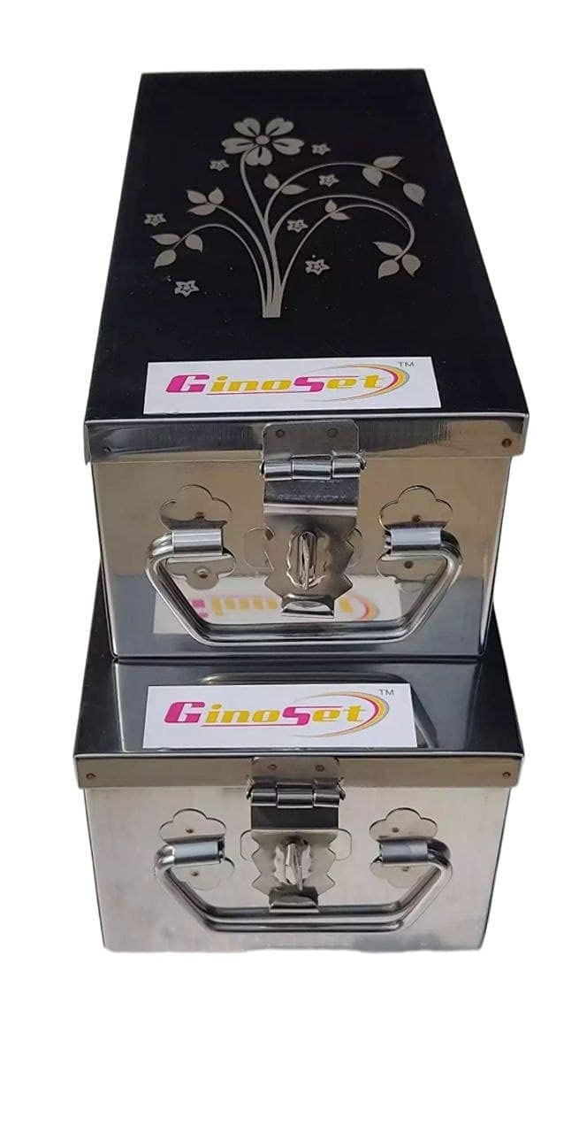 GinoSet® Stainless Steel Locker Boxes Jewellery Boxes Cash Peti Set (Multi_Pack of 2) Size - 10 Inch, 12 Inch With Laser Printed Design (Steel) (B09DWT2N7T) Amazon Price History, Amazon Price Tracker