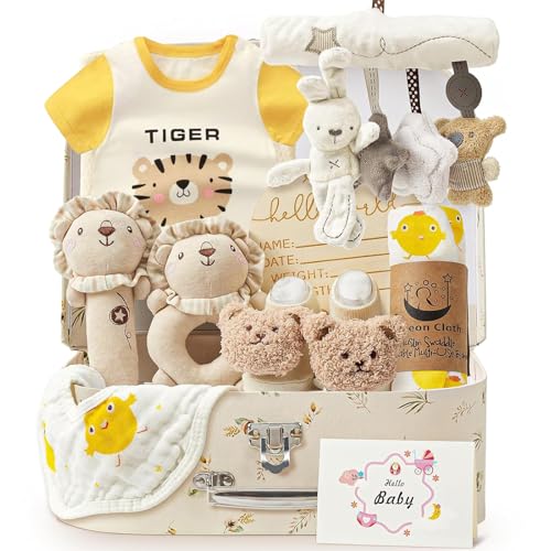SKJJM Cesta de Bebé Recién Nacido,Baby Gift Set Birth, Cesta de Regalo para Recién Nacido, Regalos para Recién Nacidos, Niños y Niñas, Con Body, Calcetines y Caja Sonajero
