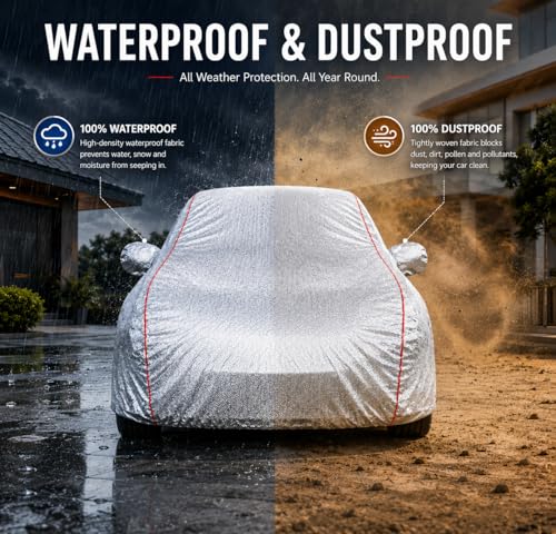 Image of Premium Car Cover for Citroen C3 Model | Waterproof, UV & Dust Protection | Mirror & Antenna Pocket | Triple Stitched, Soft Inner Lining, Belt & Buckle (Metalic Silver)