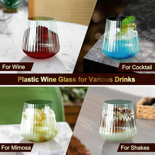 Image of Lueumxc 40 Pack Plastic Ribbed Wine Glasses, 14Oz Origami Disposable Wine Glasses Unbreakable Clear Plastic Cocktail Glasses Recyclable Shatterproof Reusable Wine Cups (14oz-green-40pack)