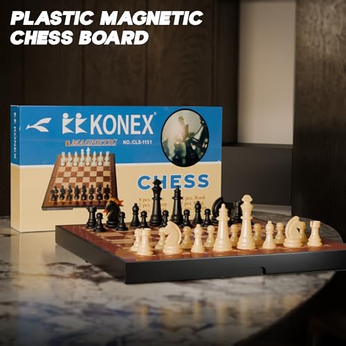 Image of Konex Magnetic Chess Board Game Set | 9.5x9.5 Inch Foldable Board with Inbuilt Storage | New - Brown