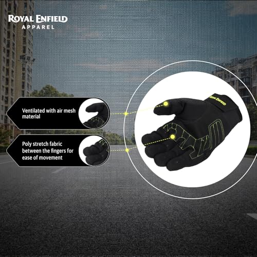 Image of Royal Enfield Aeroflex Riding Gloves | Construction: 100% Polyester Air Mesh, Poly Stretch Fabric & Microsuede | Impact Protection: TPR Knuckle Protectors | Airflow: Airmesh Panels| Black & NEON 2XL