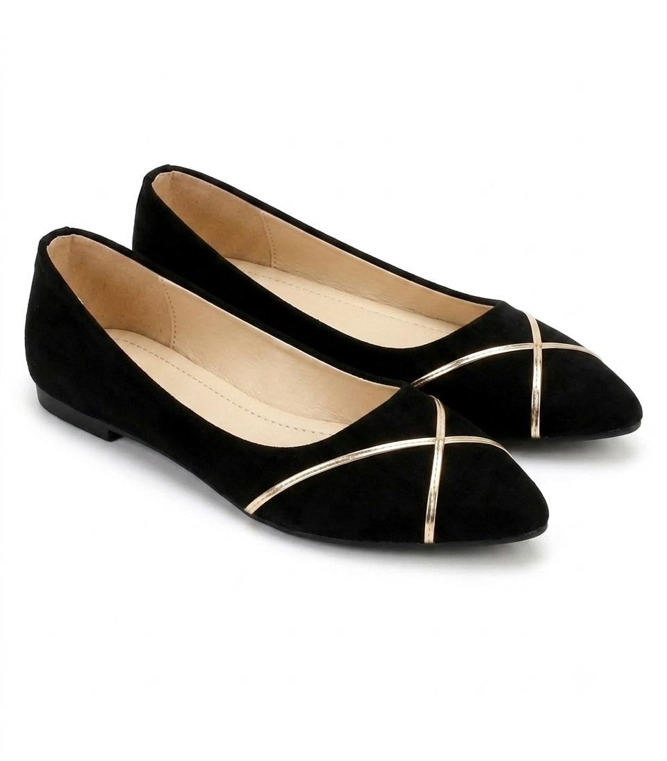 Women's Black Suede Pointed Toe Ballet Flats with Gold Detail-image-18