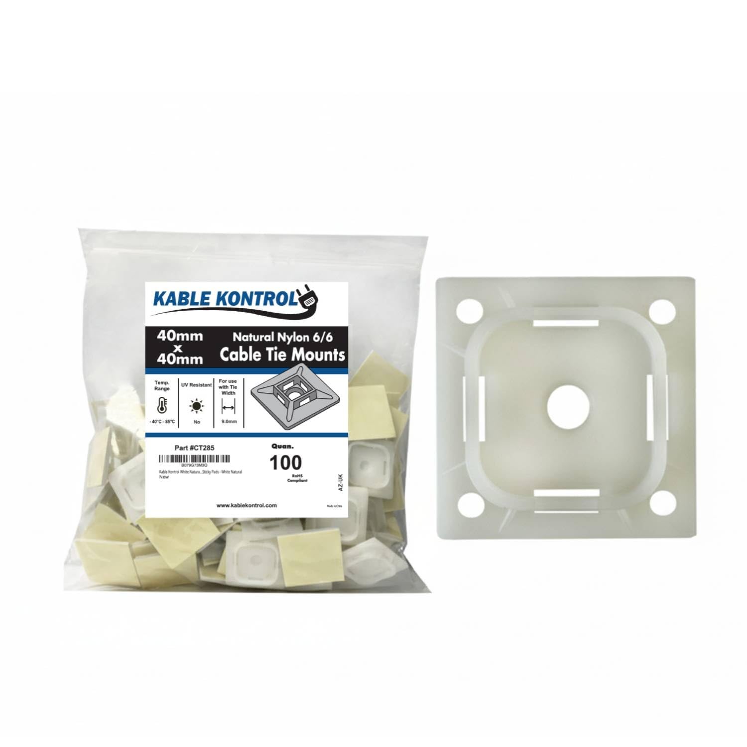 Kable Kontrol White Natural Zip Tie Bases, 40 mm x 40 mm, Pack of 100 Cable Tie Adhesive Mounts Self Adhesive Mounts Multi-Purpose Zip Ties Bases, Cable Holder Sticky Pads - White Natural