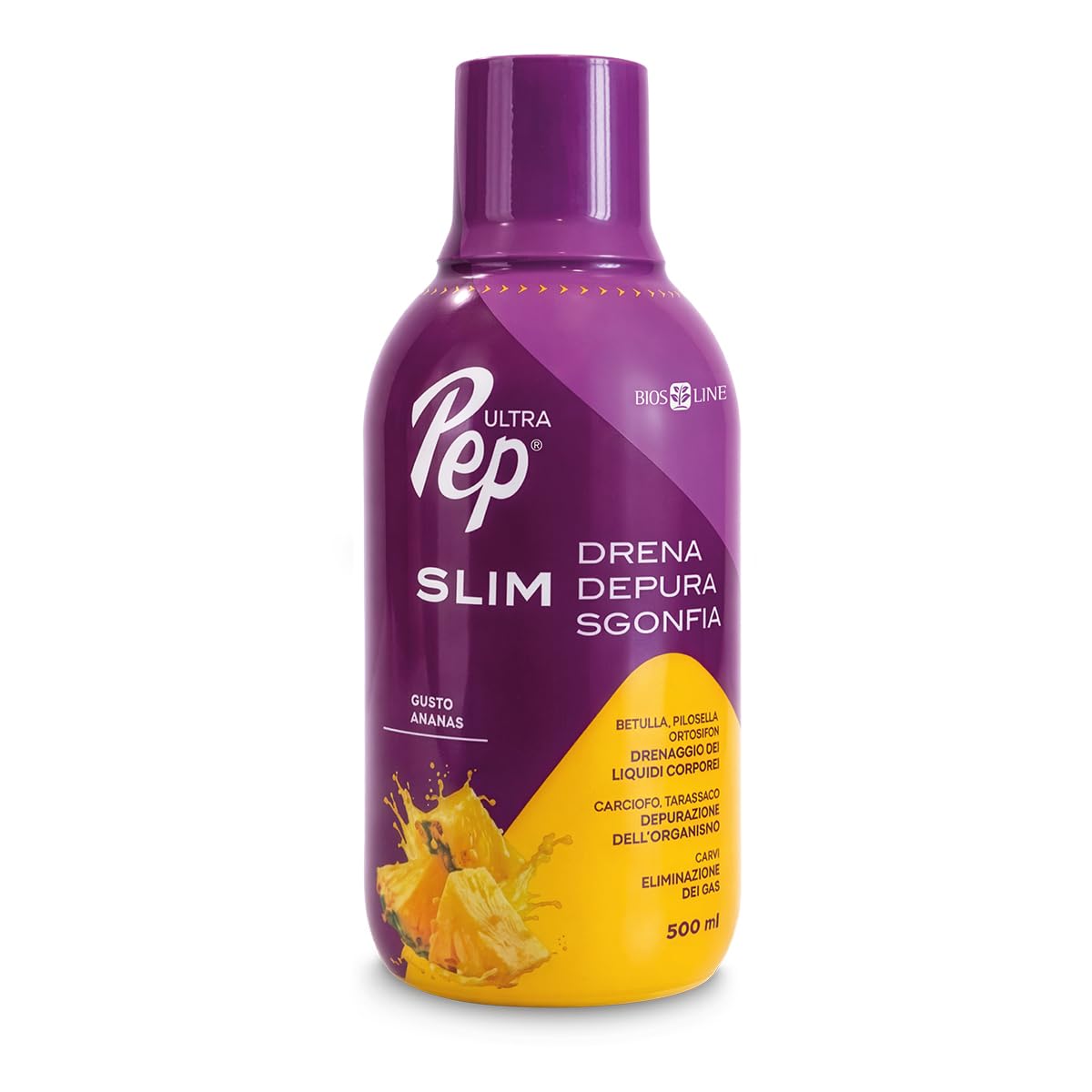 BIOS LINE - Ultra Pep Slim Integratore Alimentare Drenante e Depurativo con Estratti Naturali di Betulla Carvi Pilosella Tarassaco Ortosifon Carciofo Tamarindo Gusto Ananas 500ml