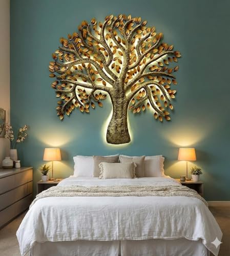 Image of Bharat Art Metal Iron Wall Art Decor for Home Bedroom Living room Cafe Interior Decorative | Elegant Wall Hanging Sculpture with LED Light | Gift Item | Master Tree Small | 36X3X29 INCH | W289