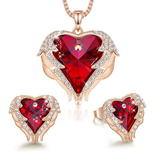 CDE Jewelry Set for Women, Angle Wing Heart Pendant Necklaces and Earrings with Birthstone， Birthday/Anniversary Christmas Jewelry Gifts for Women Mom/Wife/Sister/Best Friend