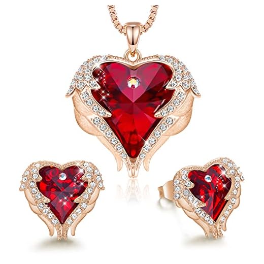 CDE Angel Wing Heart Necklaces and Earrings Valentines Day Jewelry Gifts for Women 18K White Gold Plated Jewelry Set for Mom (R_Rose Gold Plated | red)