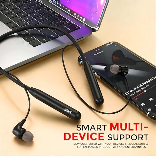 Image of MAK Premium Wireless Neckband Earphones with 12mm Bass Driver, Magnetic Eartips, Fast Type-C Charging, Lightweight & Comfortable Secure Fit Bluetooth Earbuds in Black.