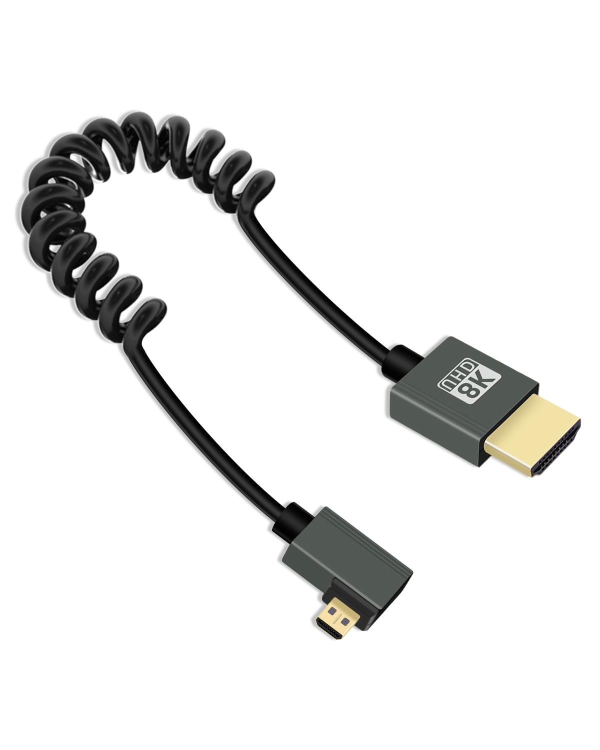 YANBORONSN 8K Right Angle Micro HDMI to HDMI Coiled Cable 3FT, 90 Degree Short HDMI to Mini HDMI Cable, Spring Spiral HDMI 2.1 Cable 8K@60Hz 48Gbps for Camera/Camcorder/HDTV/Tablet