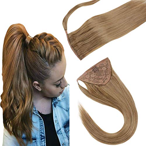 LaaVoo Clip in Ponytail Hair Extensions 18 Inches Light Golden Brown 80g One Piece Human Hair Pony Tail Extension Silky Straight Hair Extension Wrap Around