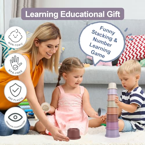 Image of Baby Stacking Cup for Toddler 1-3, 8PCS Counting Nesting Measuring Set, Stackable Bath Toy for 6-12 Months Kids, Educational Montessori Gift for Boys and Girls, Natural Sugarcane Container for Rabbits