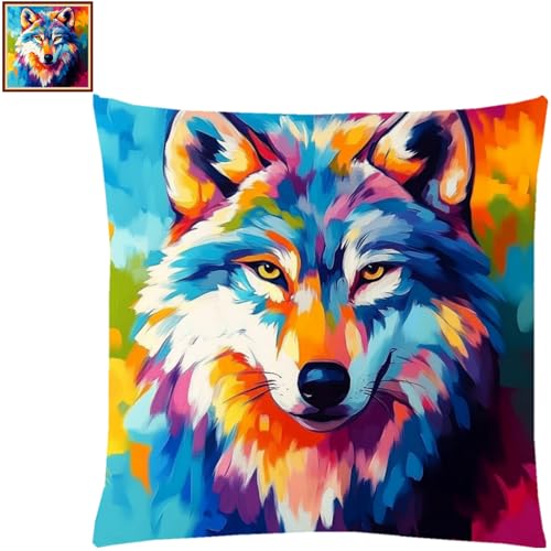 Image of Fanxvivy Stamped Cross Stitch Kits for Adults Beginners Pillow Needlepoint Kit with Embroidery Pattern Needlework Kit Prestamped Stitches Kit 11CT Cross Stitching-Colorful Wolf 18x18 inch